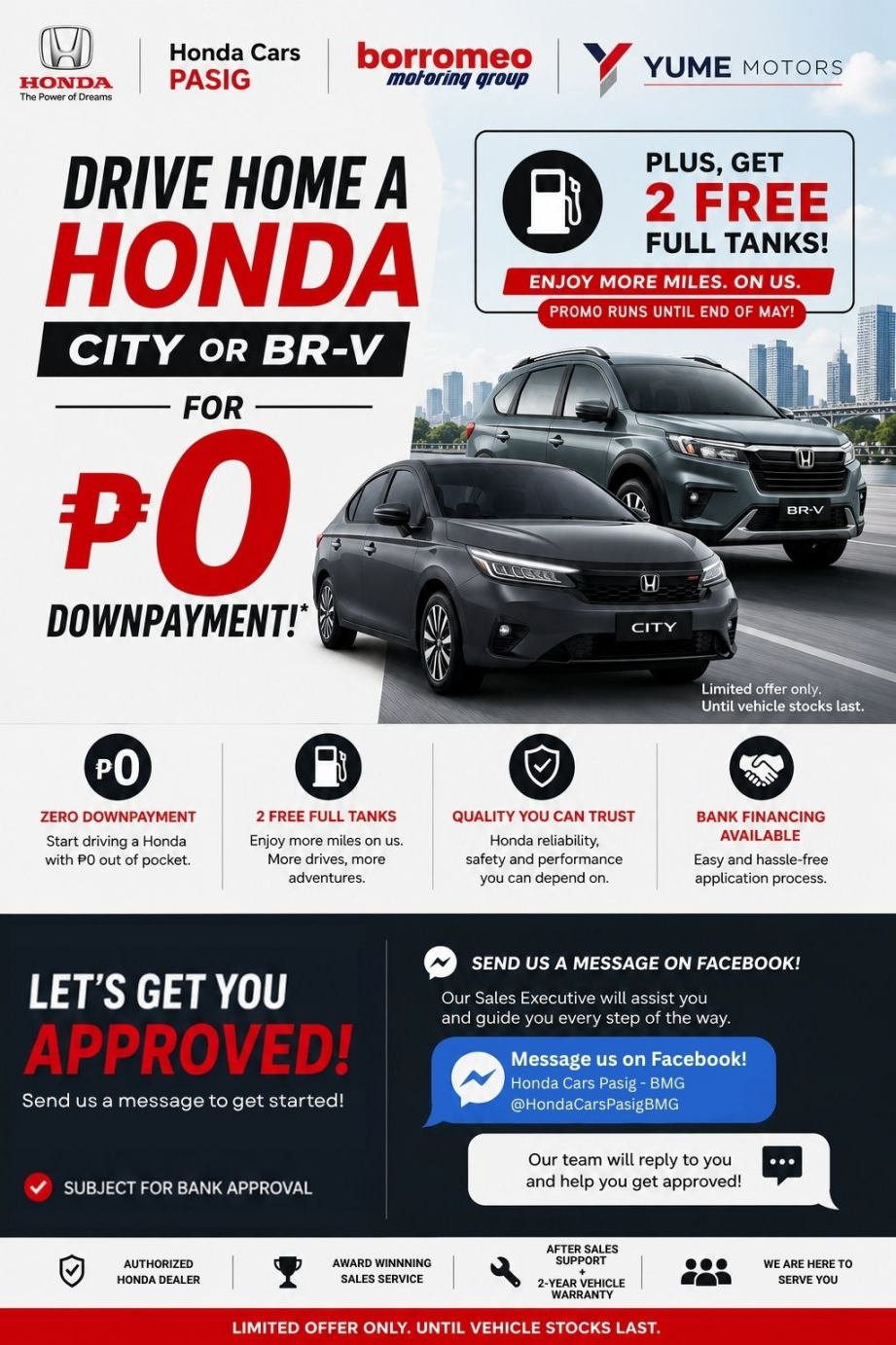 Honda Cars Pasig — Drive Home a Honda City or BR-V for Zero Downpayment with 2 Free Full Tanks. Promo by Yume Motors and Borromeo Motoring Group until end of May 2026.